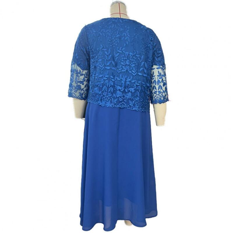 Chiffon Dress Elegant Plus Size Maxi Dress with Flower Embroidery Lace Detail Three Quarter Sleeve O Neck Fake Two-piece Women's