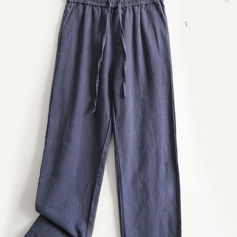 Temperament Versatile Spring/Summer Solid Color Men's Fiberflax Elastic Waist Drawstring Fashion Comfort Loose Straight Pants