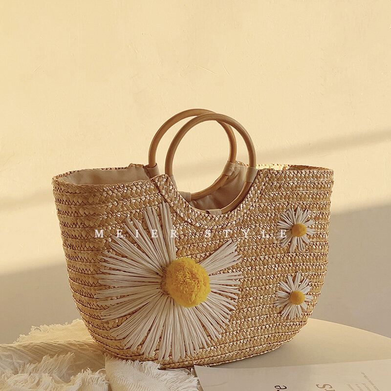 Pequena Daisy Palha Anel De Madeira Bolsa, tecido Holiday Beach Bag