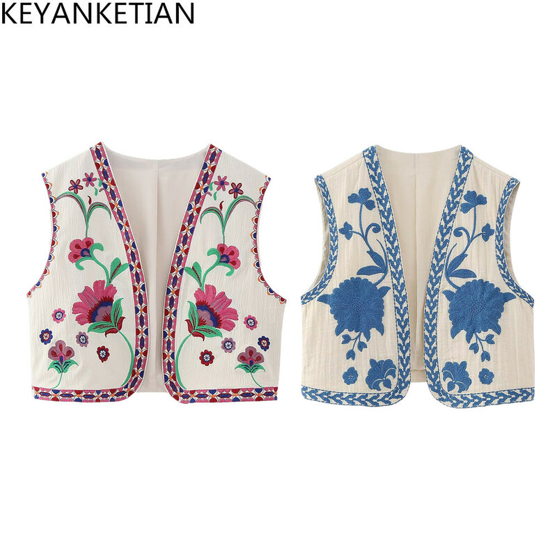 Keyanketian-女性のためのヴィンテージフローラル刺繍入りオープンウエストコート,ヴィンテージベスト,ナショナルスタイル,カジュアルなバケーションウェア
