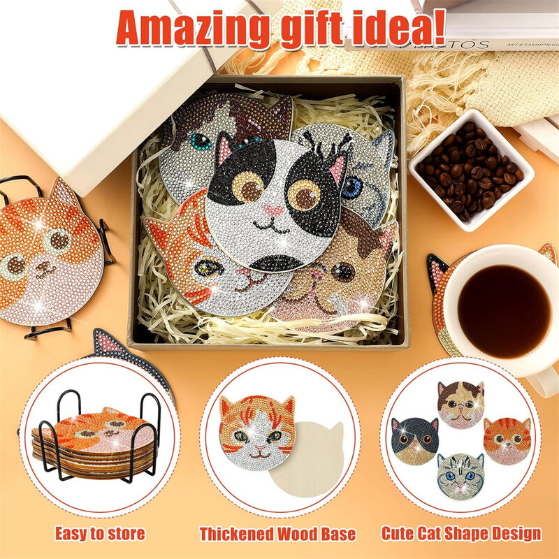 Kit de posavasos de Arte de diamantes de gato para principiantes, suministros de manualidades de arte DIY con soporte, pintura de dibujos animados, 8 piezas