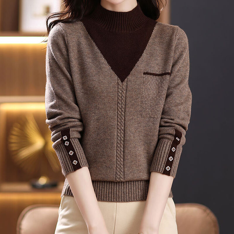 Женский пуловер в полоску, с воротником-стойкой и манжетами