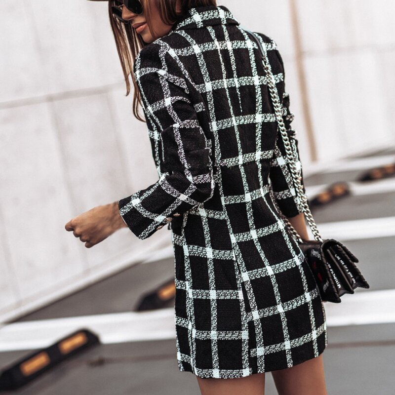 Casaco de lã xadrez feminino, jaqueta justa feminina, decote em v, trespassado duplo, casual, escritório, primavera, outono