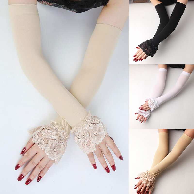 Kobiety długie rękawiczki bez palców krem przeciwsłoneczny na lato, z rękawem koronkowe seksowne mitenki jeżdżące elastyczny rękaw cienkich wygodnych naramiennik
