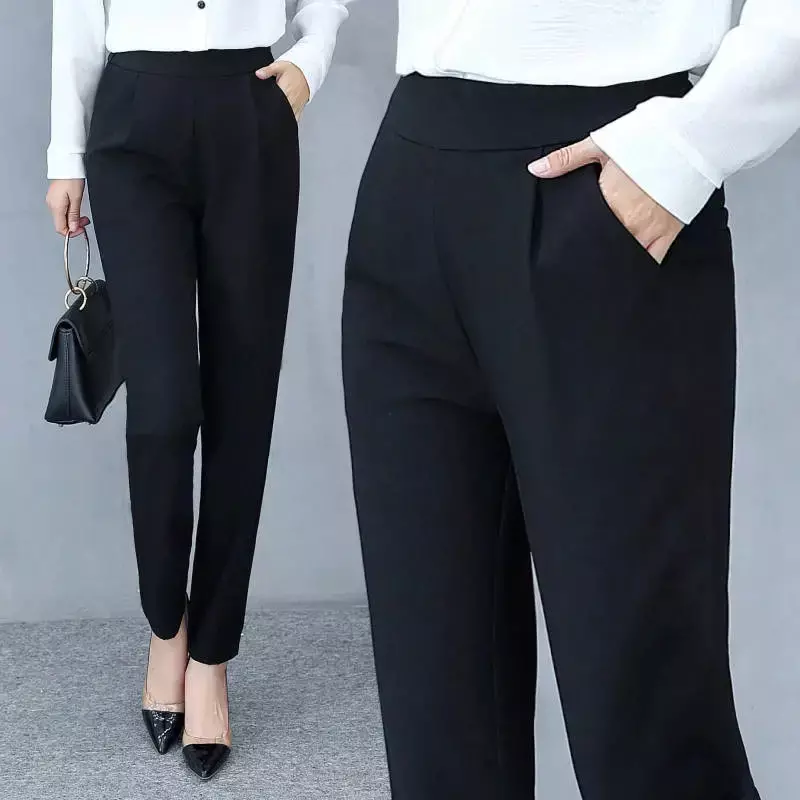 Pantalon Sarouel Décontracté à Taille artificiel astique pour Femme, Vêtement de Travail Slim, Grande Taille, Style Coréen, Couleur Unie, Printemps