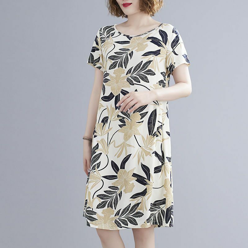 Vestido floral de manga curta feminino, vestido com decote em o, dobra com tudo, roupa solta para senhora do escritório, nova moda, verão, 2024