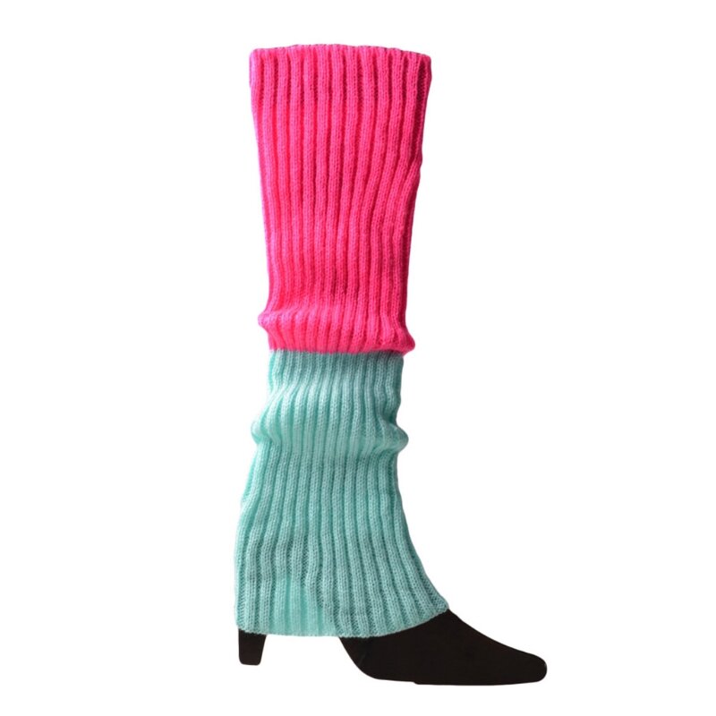 80s 90s Women Girls Knit Skating Leg Warmers Rainbow Striped Crochet Ribbed Knee High Socks for Party Accessories