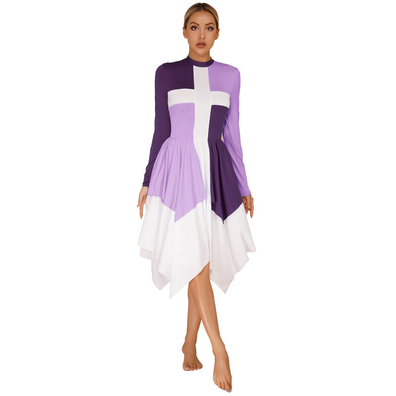 Womens Color Block Praise Liturgical Dance Dress Dancewear Lyrical Choir Performance Clothes Long Sleeve Worship Costume