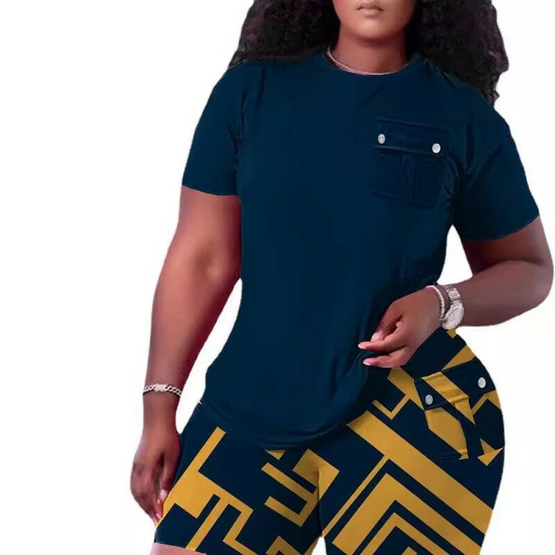 Lässige O-Ausschnitt T-Shirt Taschen Shorts Set Büro Dame Sommer Mode bunten Druck Kurzarm zweiteilig Set Frauen Outfit 2024