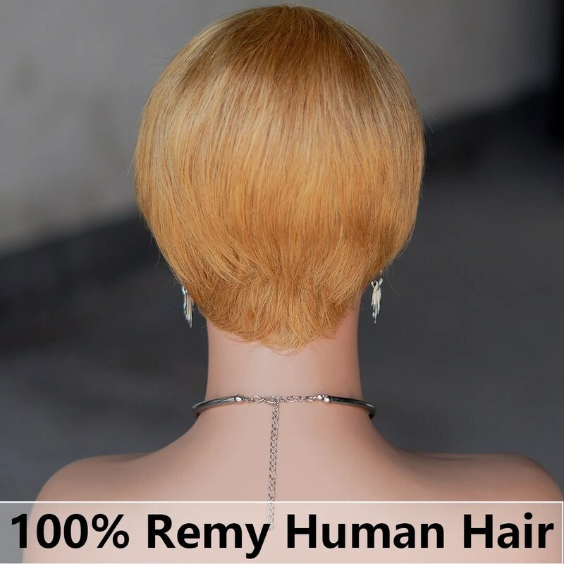 Pixie Wig rambut manusia potongan pendek lurus pirang emas berlapis mesin penuh dibuat 100% Wig Remy rambut manusia untuk wanita hitam alami