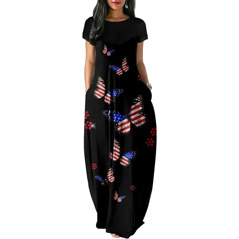 Gaun Musim Panas 2024 gaun Maxi motif kupu-kupu Retro pakaian jalanan gaun pesta bergaya pantai mewah wanita Vestido anak perempuan liburan