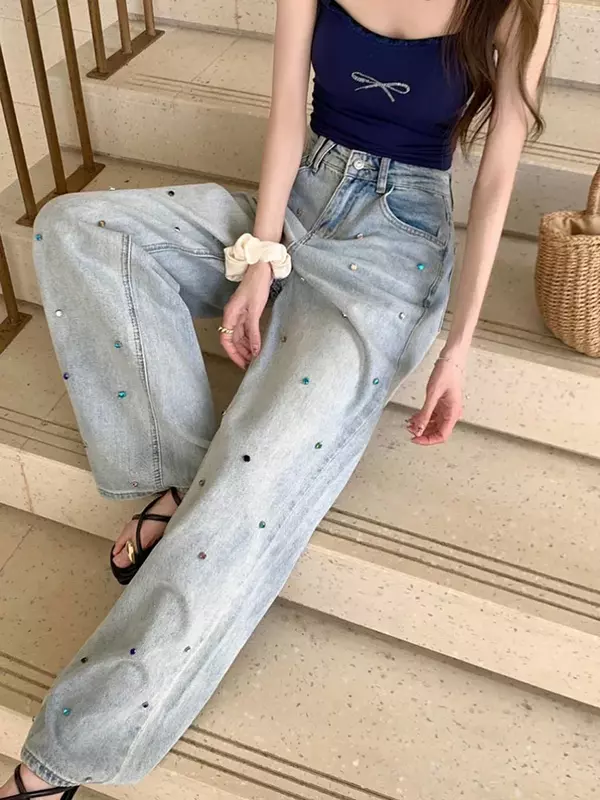 Calça jeans feminina com diamantes azuis largos, calça jeans estética Harajuku, calça larga larga larga larga Y2K, roupas trashy vintage, anos 2000, 2024