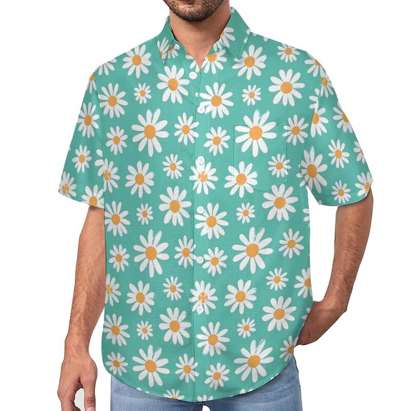Blusas brancas retrô para homens, camisas casuais florais margaridas, mangas curtas havaianas, gráfico novo, presente de camisa de férias extragrande