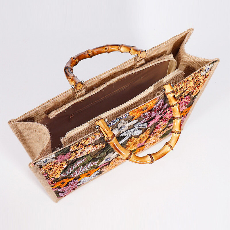 Lantejoulas bordadas sacolas grandes para mulheres, alça de bambu, palha flor, bolsa de praia do verão, bolsas grandes, moda, 2024