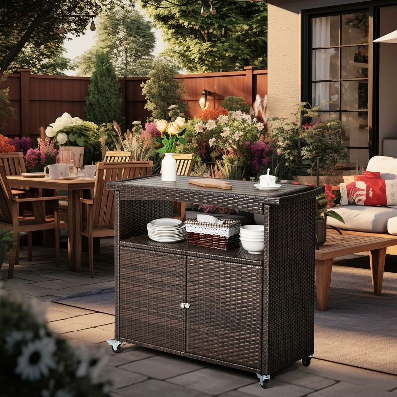 Outdoor Bar Cart w/ Storage Cabinet Patio Wicker Sideboard Buffet Cabinet Prep Table Outside Kitchen Serving Cart Portable Table