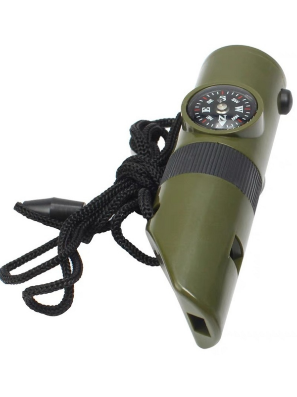 7in1ฉุกเฉิน Survival Whistle เข็มทิศเครื่องอเนกประสงค์แว่นขยายไฟฉายกล่องเก็บสินค้าเครื่องวัดอุณหภูมิสำหรับเดินป่าตั้งแคมป์