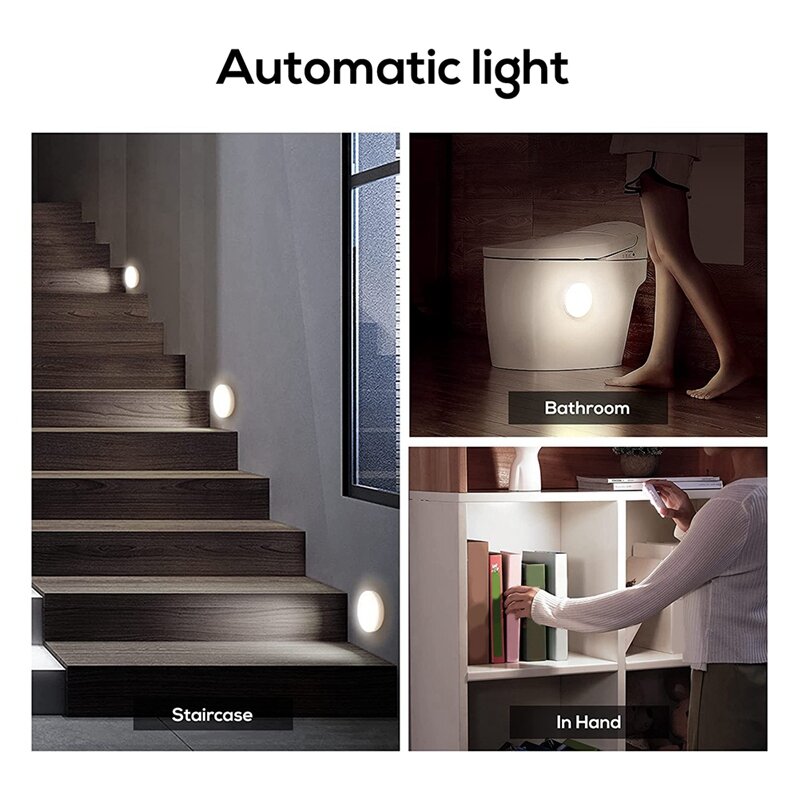 Sensor de movimento recarregável LED Night Light, operado a pilhas, sob as luzes do armário, interior, 3pcs