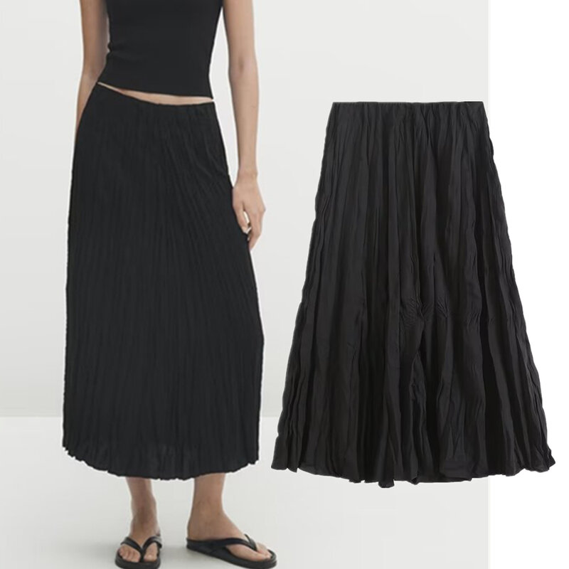 Dave&Di French Skirt Office Ladies FashionTexture Pleated  Retro Casual Commuter Black Midi Skirt Women