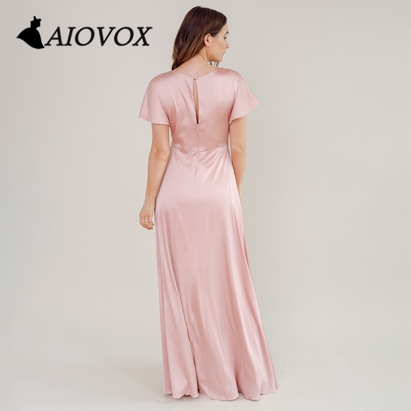 AIOVOX V-neck Pleated Formal Prom Dress Satin Short Sleeve Evening Gown A-line Floor-length Cut Out Vestido De Noche for Women