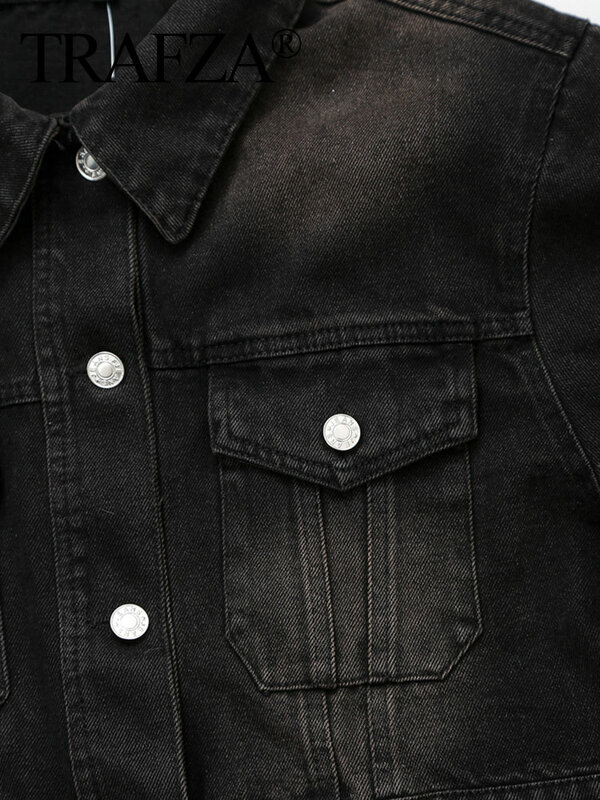TRAFZA jaket gaya untuk wanita 2024 musim semi hitam Denim motif hewan tali logam lengan panjang Lapels Vintage mantel saku kasual