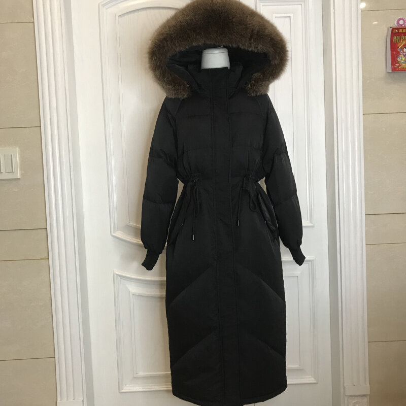 Mantel Musim Dingin Rusia Jaket Puffer Tebal Wanita Bertudung Solid Kerah Bulu Rubah Sabuk Serut Mantel Luaran Panjang Kasual
