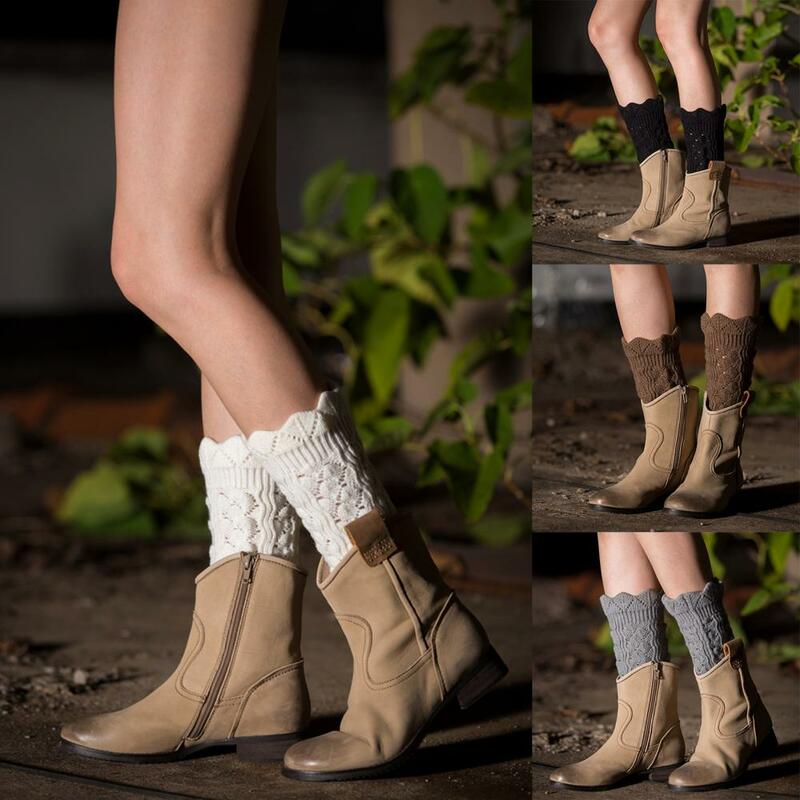 Aquecedores de perna tricotados para mulheres, punhos, guarnição de renda crochê, meias Toppers, quentes, moda