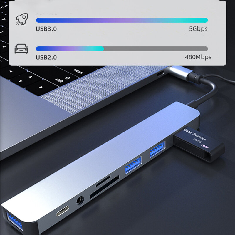Répartiteur USB Type C vers USB OTG pour Macbook Pro, 8 en 2, HUB USB 3.0, Station S6, 5Gbps, Transmission haute vitesse, Adaptateur