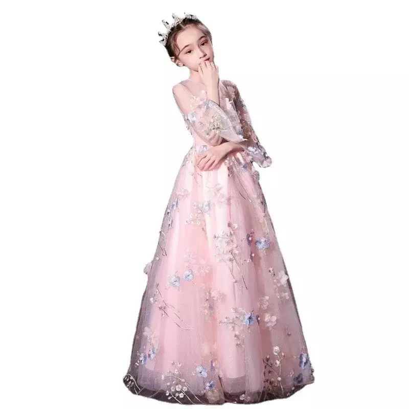Dress bulu panjang anak, gaun pertunjukan bunga 2024 ukuran merah muda besar untuk putri lelaki perempuan