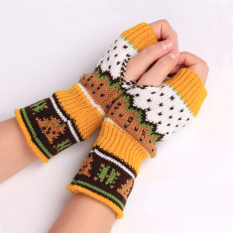 Winter Female Arm Crochet Knitting Faux Wool Mitten Warm Fingerless Gloves Women Half-Finger Gloves Stylish Stitching Color T150