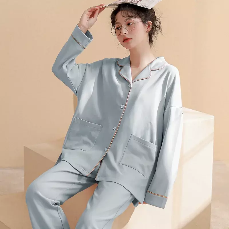 Conjunto de pijama de algodão coruja para mulheres, 2 peças, cor sólida, manga comprida, single-breasted, para primavera e outono