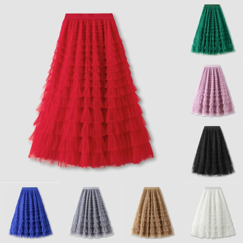 2024 Ladies Clean Fit Style Mesh Puffy Cake Long Skirt Elegant Vintage Elastic Waist High Waist Ball Gown Gauze Tulle Skirt Wear