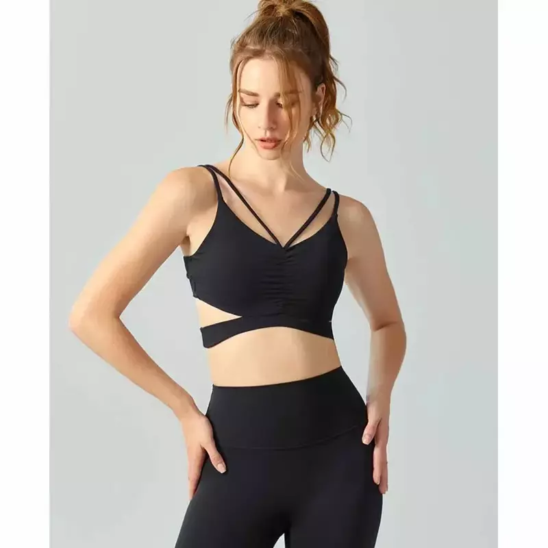 Chest Fold Yoga Vest Women's Brocade Nude With Chest Cushion Fitness Shirt Tight Strap Beauty Back Sports Bra