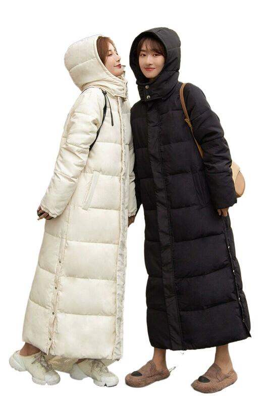 여성용 두꺼운 후드 롱 퍼퍼 코트, 하이 퀄리티 산뜻한 솔리드 스트리트웨어, 따뜻하고 아늑한 포켓, 발목 길이 아우터, 겨울 신상