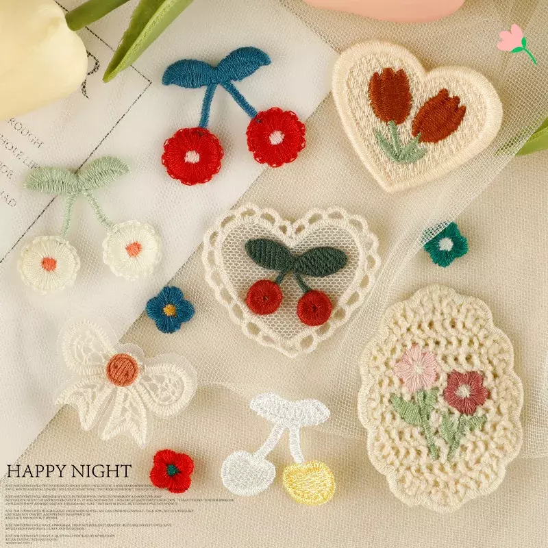 Woven Embroidery Patches DIY Cherry Flower Bow Handmade No-adhesive Badges Hair Clips Clothes Bag Hat Accessories Girl Kids Gift