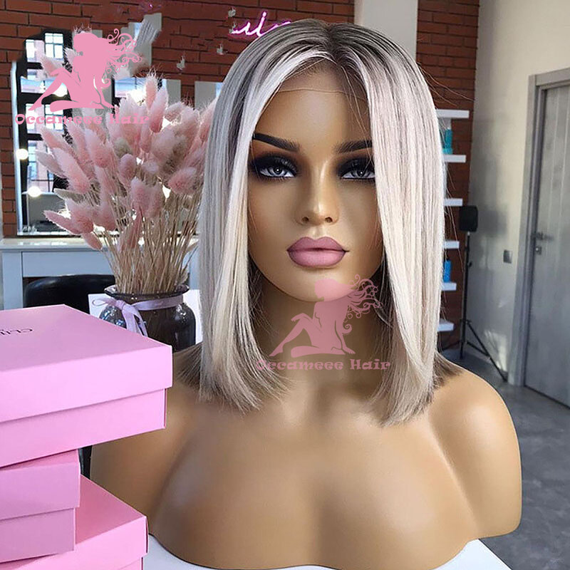 Bob Cut Wig Full Ends Ombre Highlight Ash Blonde Colored Brazilian Virgin Remy Cuticle Human Hair Lace Front Wigs Straight For W