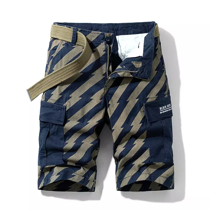 Men's Striped Cargo Shorts Summer Breathable Cotton Tactical Shorts Outdoor Multi Pockets Hiking Military Shorts Male