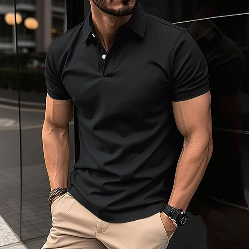 Camisa polo elástica de manga curta masculina, top respirável, lapela comercial, desgaste de rua, best-seller, novo, 2024