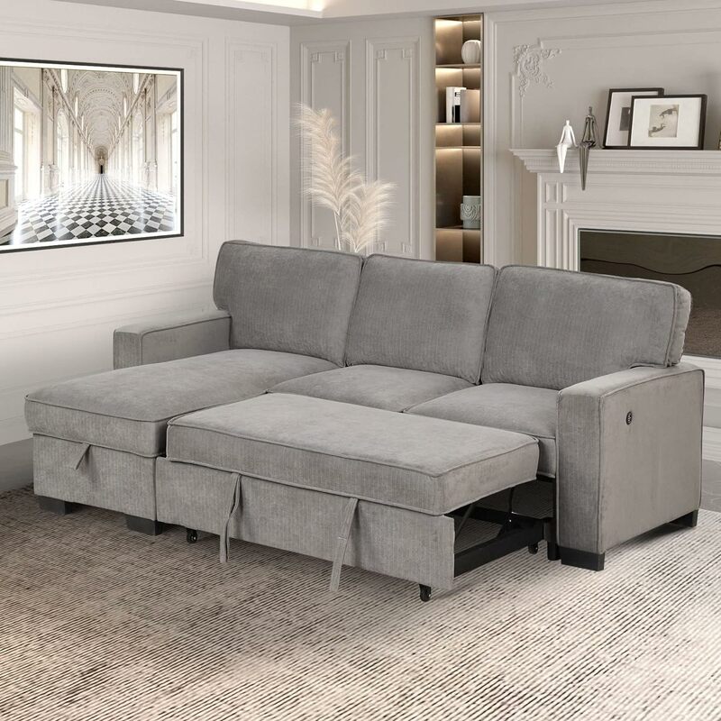 Convertible Sleeper Sofa 3 in 1,, Pull Out Sectional Futon Sofa Bed with Storage Space, USB Ports and Cup Holders for Bedroom