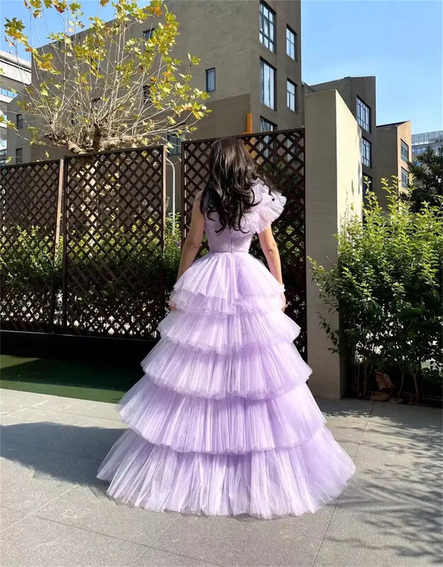 Женское вечернее платье из фатина, многослойное элегантное платье лавандового цвета для торжественных случаев, свадебной вечеринки