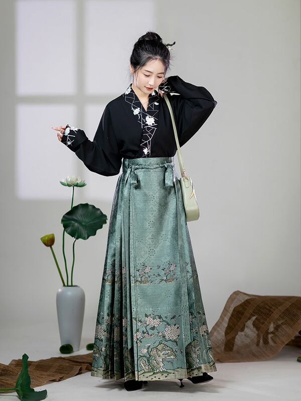 Yourqipao Large Size 2XL Hanfu Horse Face Skirt Women Printed Modern V-necK Shirt+Skirt Chinese Hanfu Horse Face Skirt 2pcs Sets