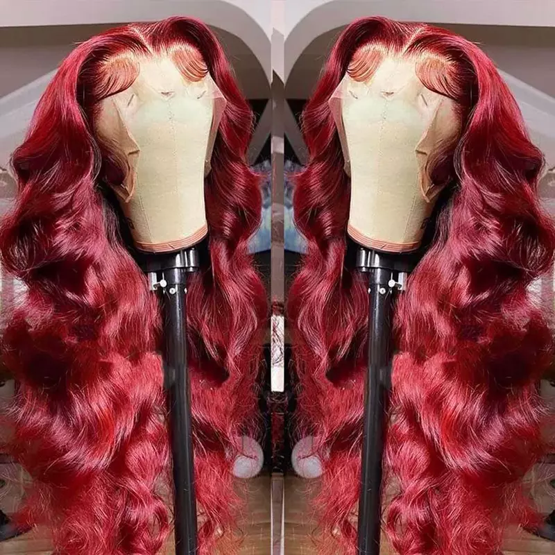 Peluca de cabello humano ondulado sin pegamento, Frontal de encaje postizo, color rojo borgoña 99J, 13x6, 13x4, HD, Remy