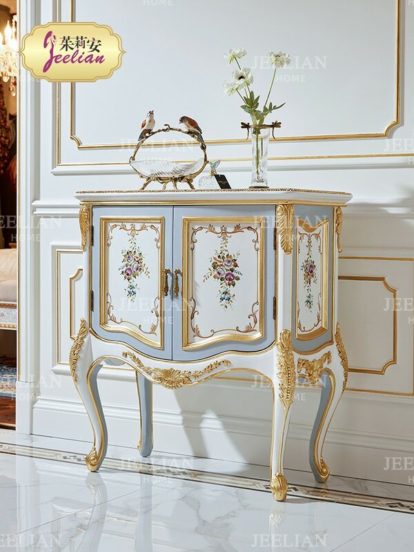 Armario decorativo de madera maciza de lujo para sala de estar, estilo francés, exquisito y romántico, pintura de flores dibujadas a mano, lámina dorada