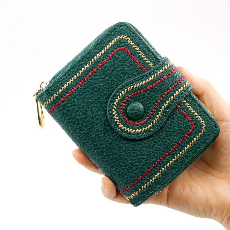 女性のlychee刺繍入りショートバッグ、ジッパー財布、変更バッグ、ハンドヘルド、idカード、単色バックル