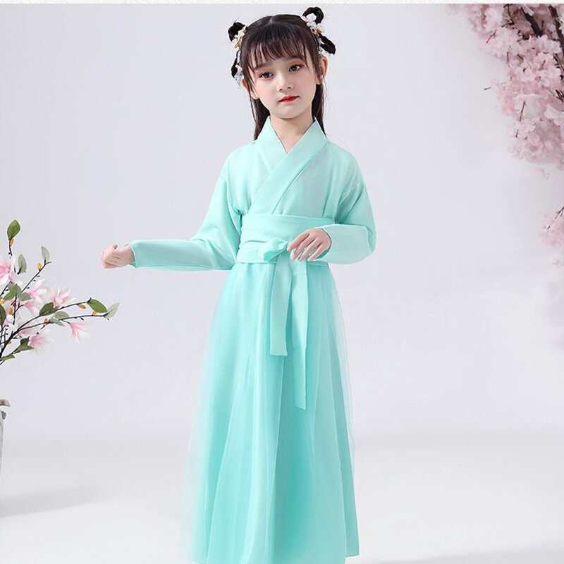 Para meninas hanfu das crianças antigo verão manga longa saia antiga fadas fio de luz verde tang vestido