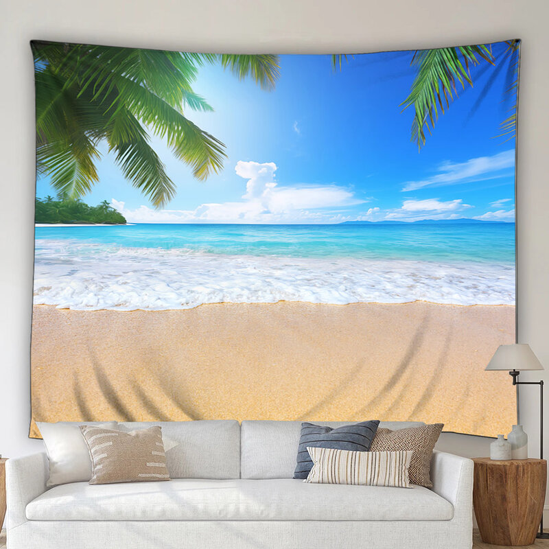 Tapiz de paisaje costero de playa, paisaje natural, plantas tropicales, decoración moderna para el hogar, sala de estar, dormitorio, jardín, colgante de pared