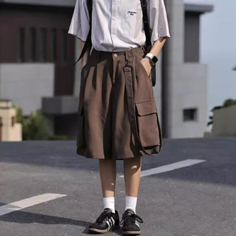 Cargo-Shorts Männer reine All-Match-Tasche Streetwear Sommer japanischen Stil Freizeit weiche tägliche Hose einfache lose knielange Chic