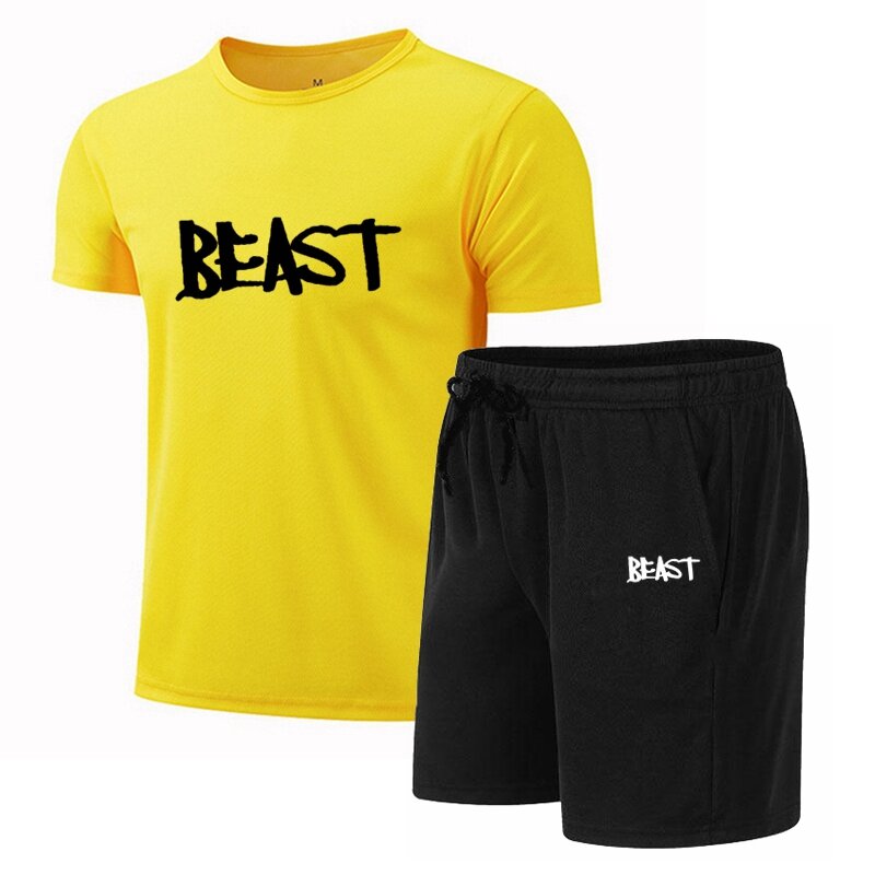 BEAST Summer New Men's Crewneck T-Shirt + Shorts Two-Piece Popular Print Casual Fashion Short-Sleeved Sportwear Jogging Suit