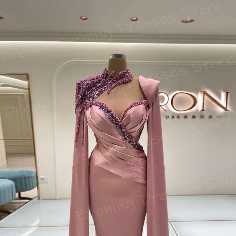 2024 anmutige rosa Frauen Meerjungfrau moderne Abendkleider neue Mütze Ärmel Perlen Ballkleider beliebte Robe de Soirée Luxe Elégante