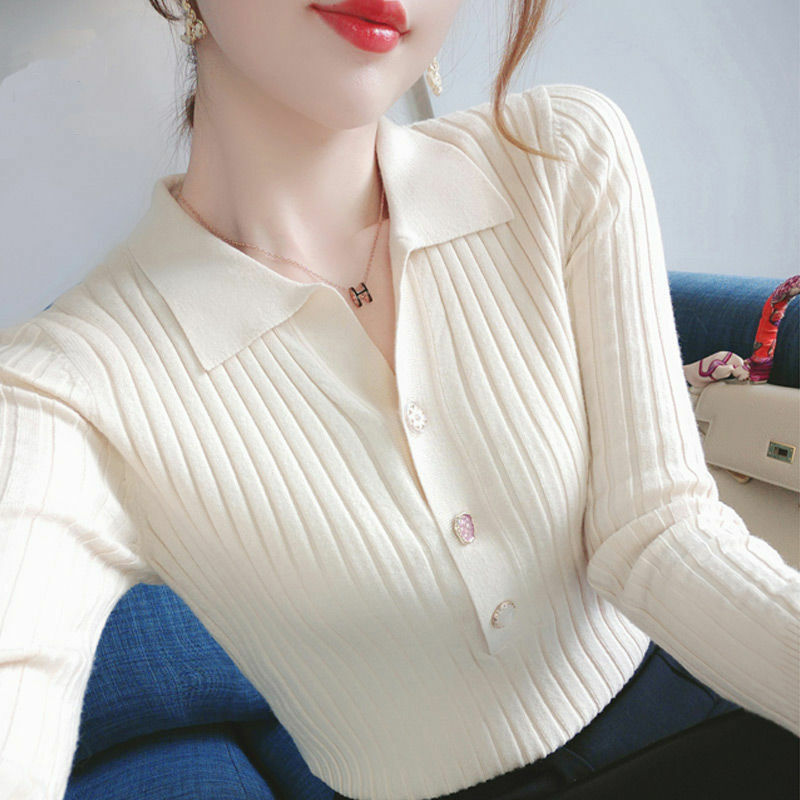 Mode Wanita Kerah Warna Solid Kemeja Kancing Lengan Panjang Baru Kasual Pullover Longgar Gaya Muda Pakaian Wanita Blus Bolak-balik