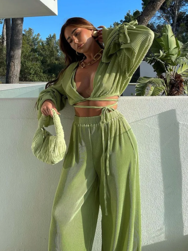 Spring Summer Two Pieces Pant Set Women Sexy Holllow Out Deep V-neck Full Flare Sleeve Short Top And Wide Leg Pants Pleated Sets